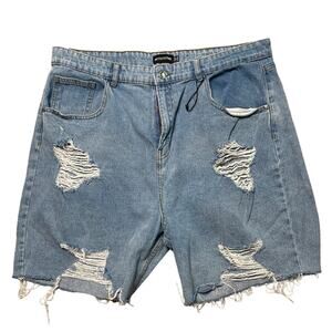 PrettyLittleThing Medium Wash Long Length Cut-off Distressed Jean Shorts Size 14